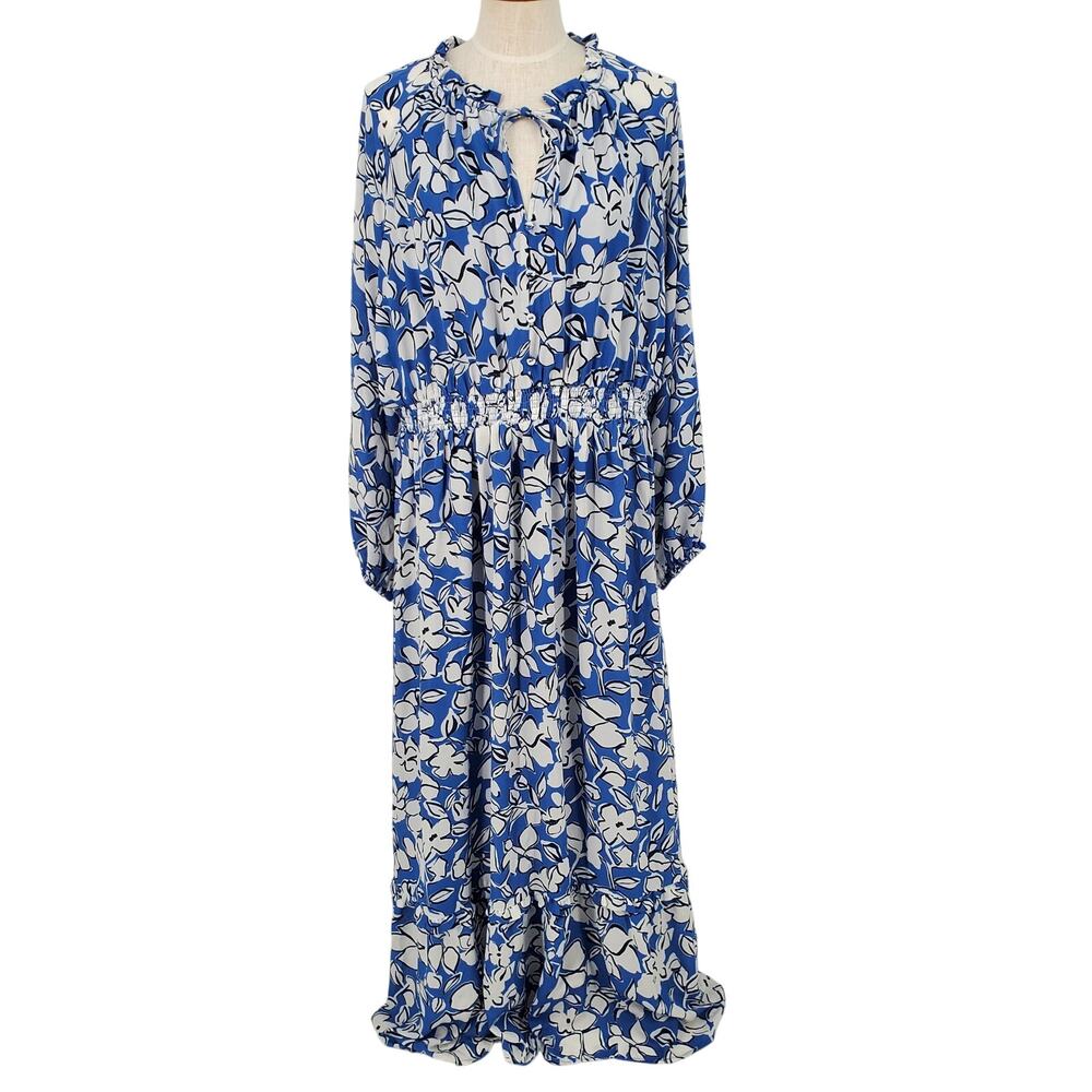 Wonderly Womens XXL Floral Long Sleeve Tiered Maxi Dress‎ Blue and White New